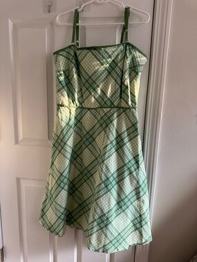 VINTAGE Gingham Strapless 90s Midi Dress Green 100% Cotton Size 14